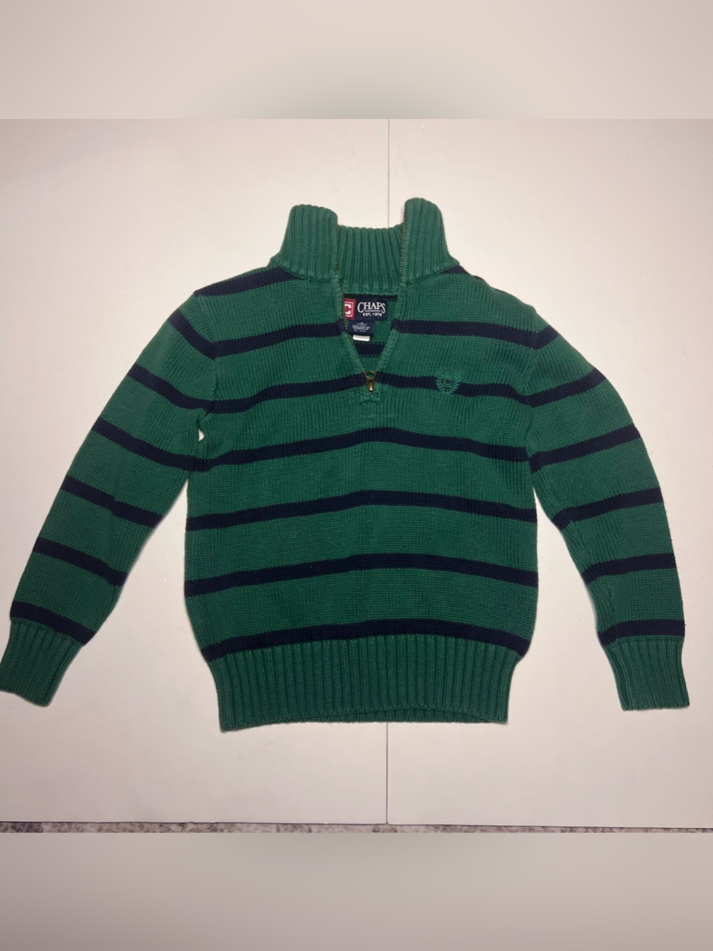 Chaps Green and Navy Striped Quarter-Zip Sweater